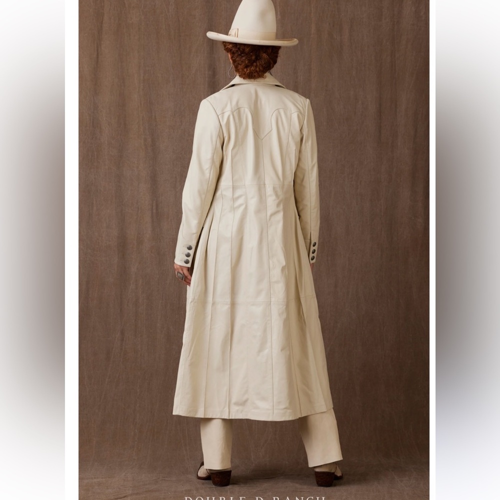 Double D Ranch buttery soft leather Bandit Trench Coat in Bone RTL $1295 L NWT - Picture 3 of 11